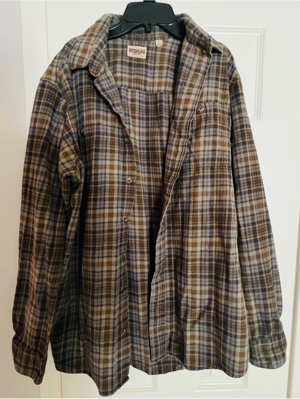 RedHead button-down brown, gray, black plaid Flannel shirt Mens Sz L